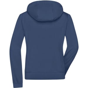 A ladies hooded softshell jacket in navy blue, featuring a relaxed fit and a hood, with a logo on the back.