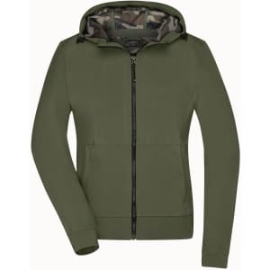A softshell jacket in olive green with a camouflage hood lining and a zip-front design.