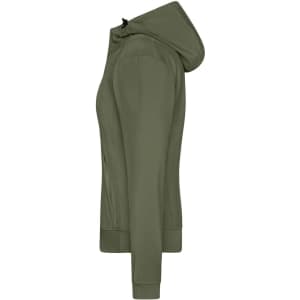 A ladies hooded softshell jacket in olive green, featuring a sleek design and a logo on the fabric.