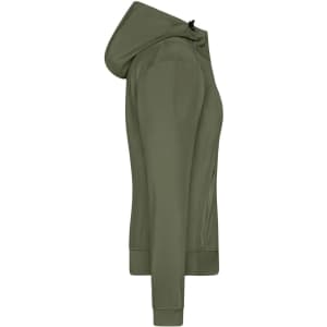 A softshell jacket in olive green, featuring a hood and a side view showcasing its sleek design.