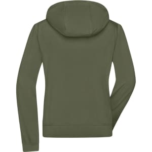 A ladies hooded softshell jacket in olive green, featuring a back view and a logo on the fabric.