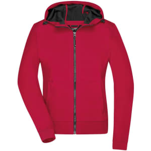 A red ladies hooded softshell jacket featuring a zip front and contrasting grey interior. It has a logo on it.