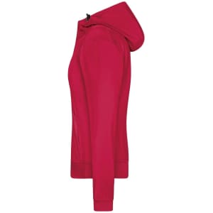 A side view of a ladies hooded softshell jacket in vibrant red, featuring a hood and front zip.