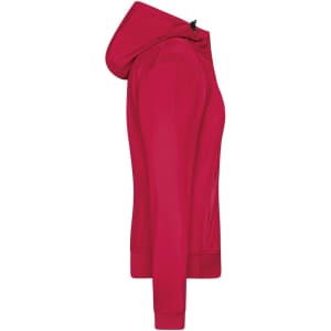 A red ladies hooded softshell jacket with a zippered front and a hood, featuring a side view silhouette.