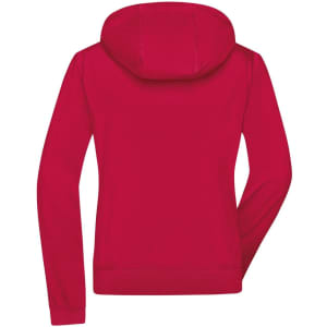 A red ladies hooded softshell jacket featuring a kangaroo pocket and a hood, with a logo on the back.