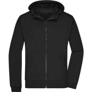 A black men's hooded softshell jacket with a zip front, featuring pockets and a hood. It includes a logo.