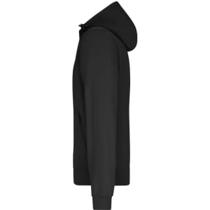 A men's softshell jacket in black, featuring a hood and side pockets, shown from a side angle.