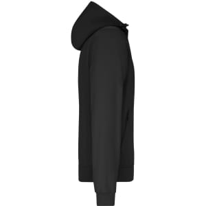 A black men's hooded softshell jacket featuring a zippered front and a hood. It has a logo on the chest.