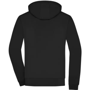 A black men's hooded softshell jacket featuring a smooth, simple design with a hood and long sleeves.