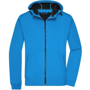 A men's hooded softshell jacket in vibrant blue, featuring a black interior and a zipper front.
