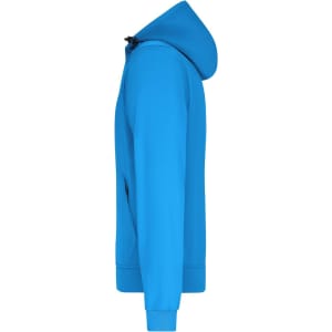 A hooded softshell jacket in vibrant blue, featuring a sleek side view and a minimalistic design.