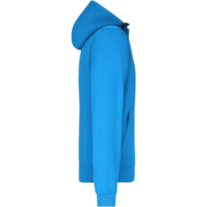 A bright blue men's hooded softshell jacket with a side view, featuring a zip and a logo.