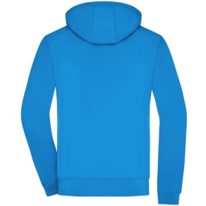A blue men's hooded softshell jacket featuring a plain back design and a hood. It includes a logo.