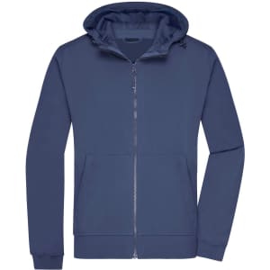 A men's hooded softshell jacket in navy blue featuring a front zip and a logo.