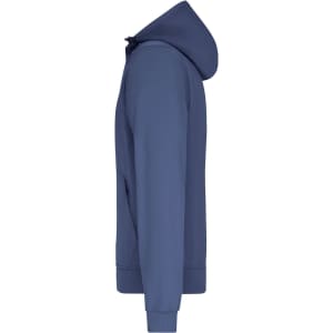 A mens hooded softshell jacket in navy blue, featuring a logo and designed with a side zip pocket.