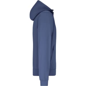 A navy men's hooded softshell jacket featured in a side view, with a logo on the garment.