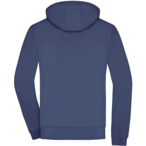 A navy softshell jacket with a hood, featuring a solid design and a logo on the back.