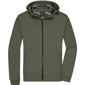 A men's hooded softshell jacket in olive green with a camouflage-patterned lining and a front zip.