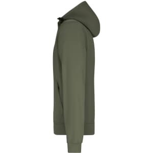 A men's hooded softshell jacket in olive green, featuring a hood and side pockets. Includes a logo on the chest.