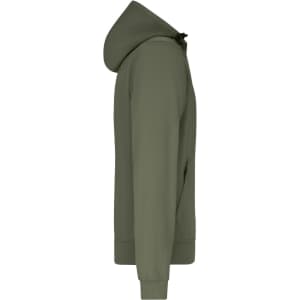A softshell jacket in olive green with a hood, featuring a side view design and a logo.