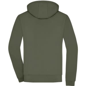 A men's hooded softshell jacket in olive green, featuring a back view and a logo on the fabric.