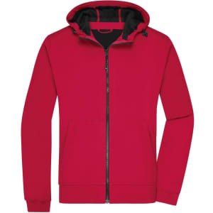 A red men's hooded softshell jacket with a zip front and black interior lining. Features a logo.