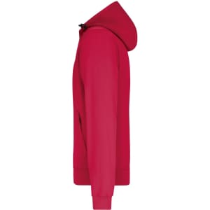 A red men's hooded softshell jacket featuring a full zip, side pockets, and a logo on the front.