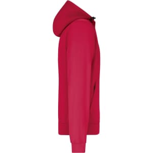 A red men's hooded softshell jacket displayed from the side, featuring a hood and a logo.