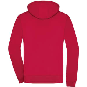 A red men's hooded softshell jacket with a plain back view and a fitted design. It features a hood.