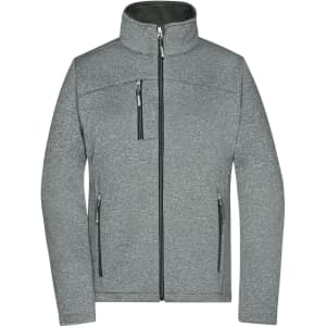 A grey ladies softshell jacket featuring a high collar and zippered pockets, with a smooth finish and a logo.