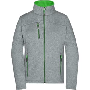 A grey softshell jacket featuring green accents, with zippered pockets and a high collar. It has a logo on it.