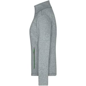 A grey ladies softshell jacket with a zippered pocket, featuring a high collar and a fitted silhouette.