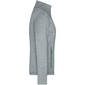 A grey softshell jacket with a high collar and a green zip pocket on the side.