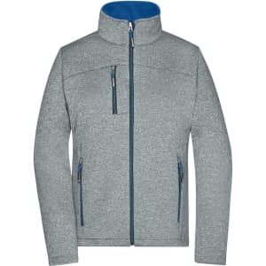 A softshell jacket in grey with a blue collar, featuring multiple zippered pockets and a logo.