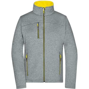A grey ladies softshell jacket with a yellow inner lining and zippers, featuring a logo on the chest.