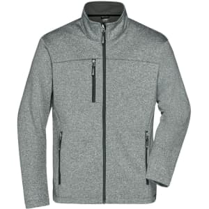 A grey softshell jacket with a stand collar, zippered front and side pockets, featuring a logo.