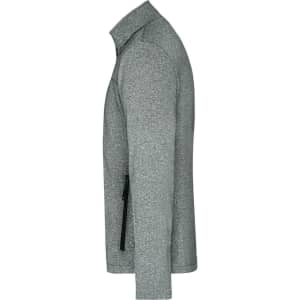 A grey men's softshell jacket with a zippered side pocket and a modern fit. It has a high collar for added warmth.