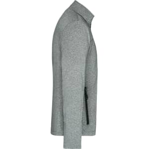 A grey men's softshell jacket featuring a zippered side pocket and a sleek design.