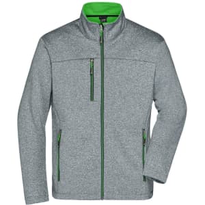A grey softshell jacket featuring a green collar and zip detailing, with multiple zippered pockets. It has a logo.