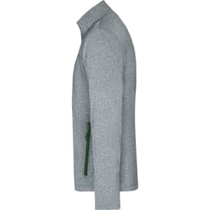 A grey men's softshell jacket featuring a zip pocket and a high collar. It has a logo on the sleeve.