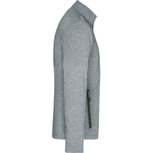 A grey men's softshell jacket featuring a zippered pocket and a stand-up collar, side view.