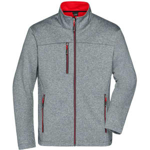 A grey softshell jacket with a red collar, featuring zippered pockets and a central zip. It includes a logo.