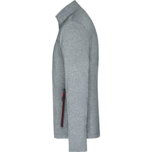 A grey men's softshell jacket with a zippered pocket and a high collar, featuring a logo on the side.
