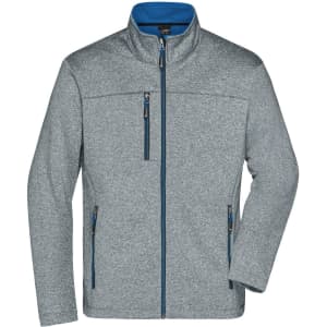 A grey men's softshell jacket with a blue interior and zippered pockets, featuring a high collar and full zip.
