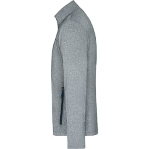 A grey men's softshell jacket displayed from the side, featuring a zippered pocket and a collar.