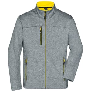A grey softshell jacket with yellow accents and zippered pockets, featuring a stand-up collar and a logo.