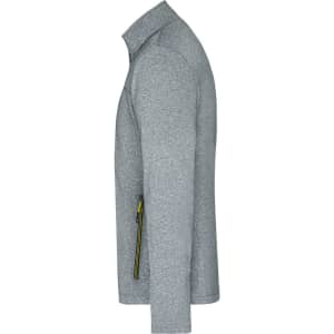 A grey men's softshell jacket with a zippered pocket, featuring a high collar and long sleeves.