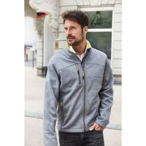 A men's softshell jacket in grey with yellow accents, featuring a zippered pocket and a stand-up collar.