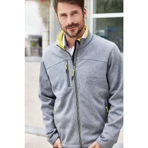 A men's softshell jacket in grey with yellow accents, featuring a zippered front and pockets. It has a logo on the chest.