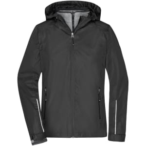 A black ladies' 3-in-1 jacket with a hood, featuring zippered pockets and reflective detailing.